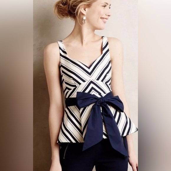ANTHROPOLOGIE Maeve Mitered Striped Peplum Tank Top With Sash - Size 12 - Picture 3 of 11